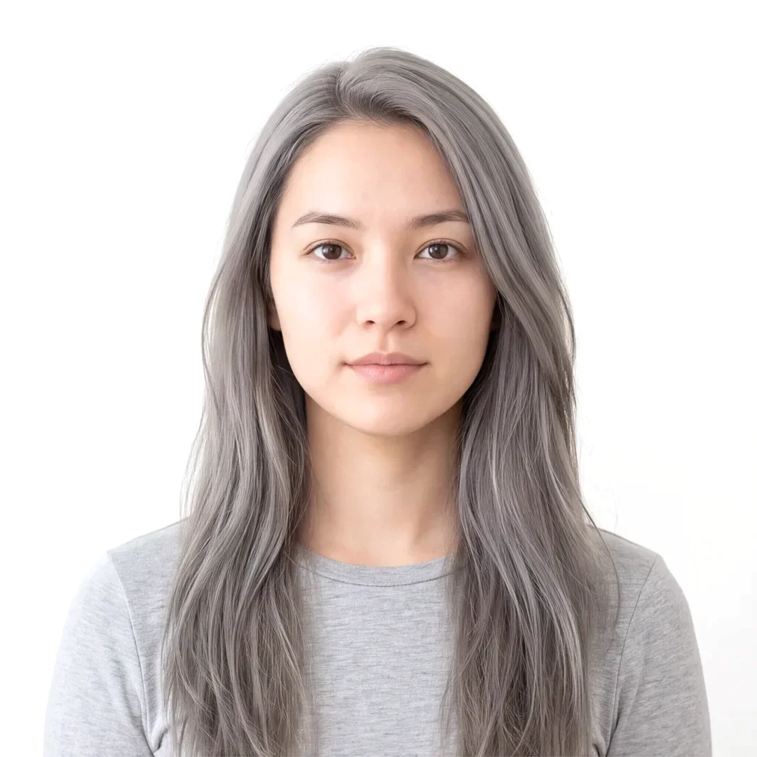 Demo model rendered with cool ash gray hair